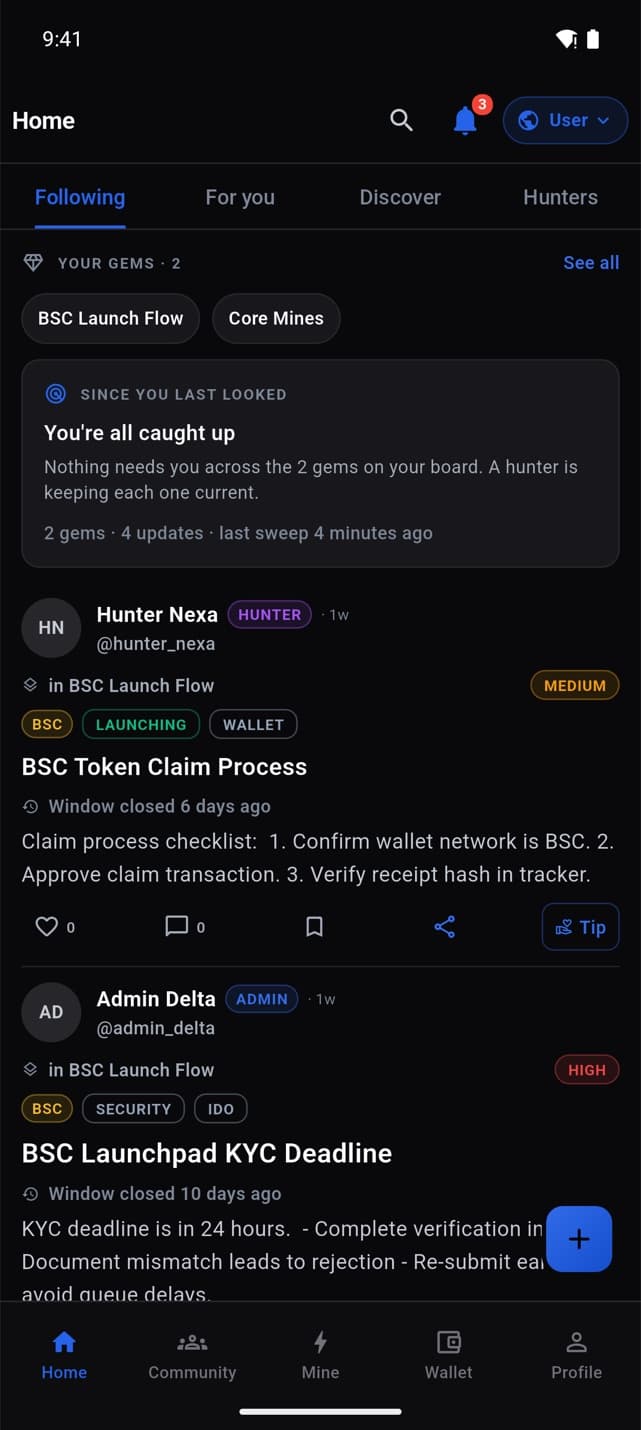 Home, Following tab: your followed gems, an all caught up note, and the latest hunter updates.