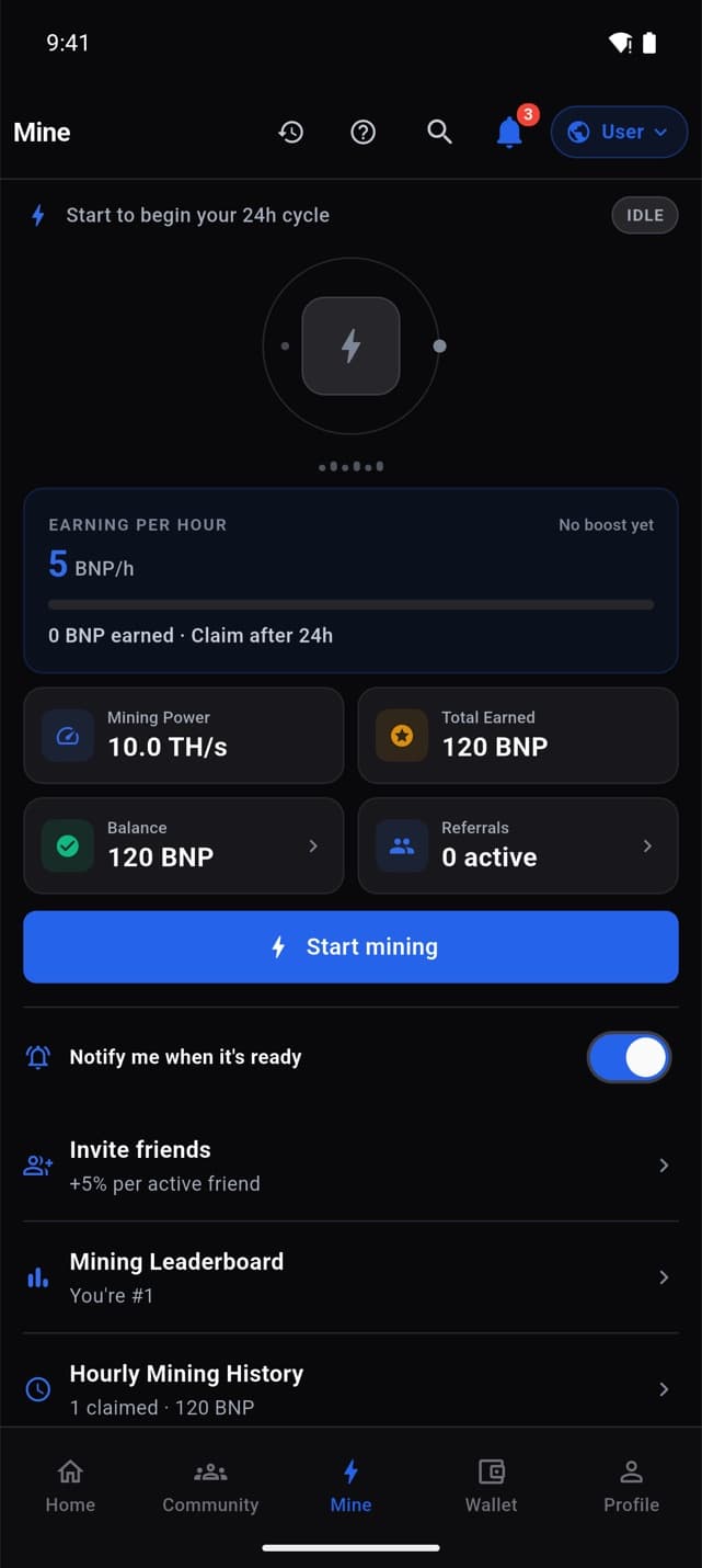 The Mine screen: hourly rate, mining power, balance, referrals and the Start mining button.